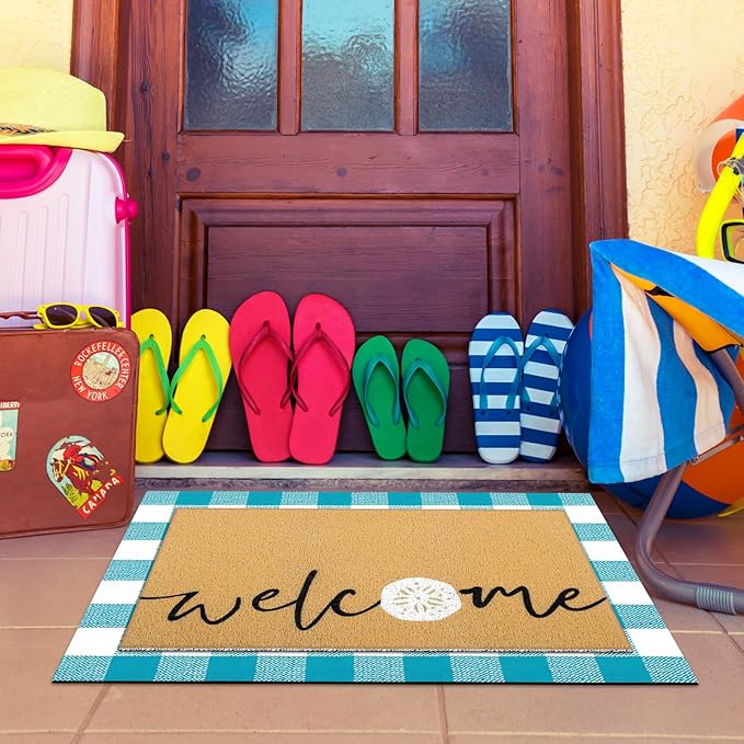 Tinideya 2 Pcs Summer Door Mat Non Slip Wildflower Coastal Hello Sunshine Sweet Home Ocean Pet Welcome Floor Doormat Buffalo Plaid Checked Stripe Mat Seasonal for Front Porch Entryway(Seashells)