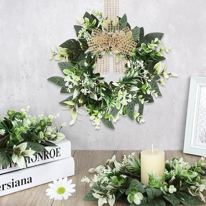 6 PCS Small Eucalyptus Leaves Cabinet Wreath Artificial Mini Spring Summer Greenery Kitchen Wreaths Vintage Swags Wreath with Retro Burlap Ribbon for Farmhouse Rustic Home Door Wedding Wall Decor