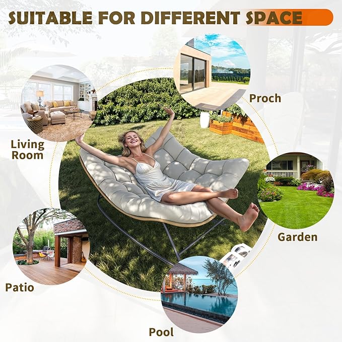 Outdoor Rocking Chair, Indoor Papasan Chair, Oversized Egg Rocking Chair with Thick Cushion, Rattan Wicker Rocker Lounge Chair for Bedroom, Living Room, Patio, Garden, Porch (Light Grey)