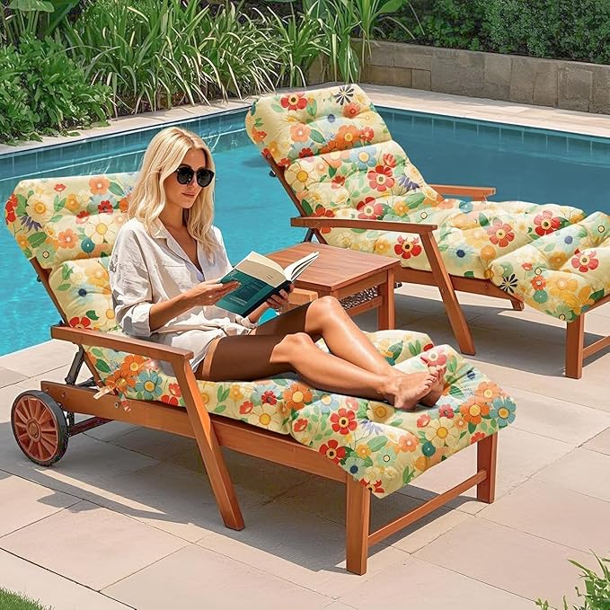 4 Pack Outdoor Chaise Lounge Chair Cushion 75.1 x 22.8 x 4.7 Inches 100% Waterproof Replacement Cotton Patio Pool Lounge Chair Cushion for Outdoor Furniture with Ties,Daisy