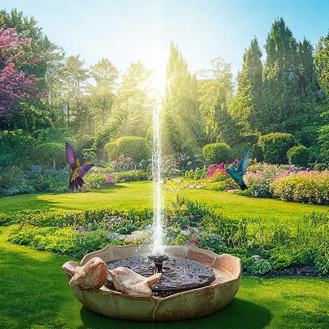 Solar Fountain Ceramic Bird Bath for Outdoors Hummingbird Solar Fountain with Ground Ceramic Bird Baths Bowl for Outside, Large Table Top Garden Decor for Patio Yard Home