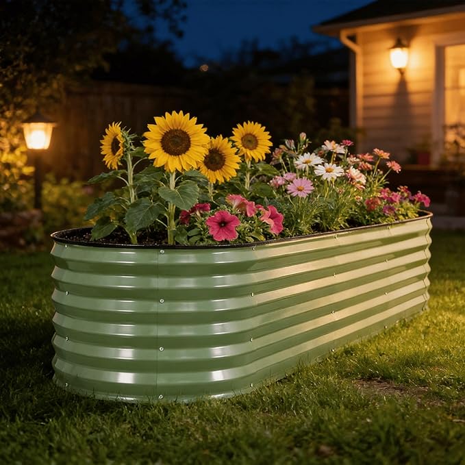 G GOOD GAIN Raised Garden Beds - 8x2x1.4ft Galvanized Planter Boxes Kit with Protective Tape & Gloves & Tools | Oval Metal Outdoor Raised Bed for Gardening Vegetables, Fruits, Flowers, Herbs, Oliver