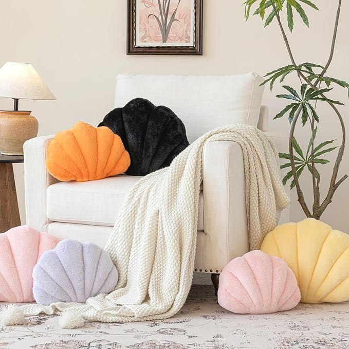 Shell Pillow, Seashell Throw Pillow with Soft Rabbit Plush for Couch Bed, Shell Shaped Decorative Ocean Pillow Stylish Beach Cushion Room Aesthetic Home Decor (Orange, 18 X 13 Inches)