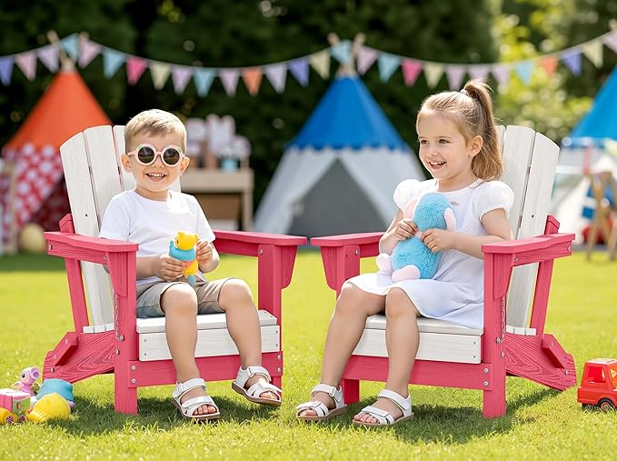 SERWALL Kids Adirondack Chair Sets for 2, HDPE Adirondack Chair for Children,All-Weather Resistant for Patio, Garden, Backyard - White and Light Pink