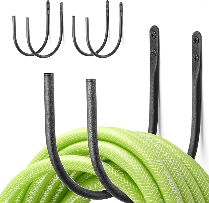 AJART Hose Holder Wall-Mount Outside: Heavy Duty Metal Outdoor Storage with Rustproof - Water Hose Hanger for Garden/Yard/Fence/Patio/House - 4 Pcs