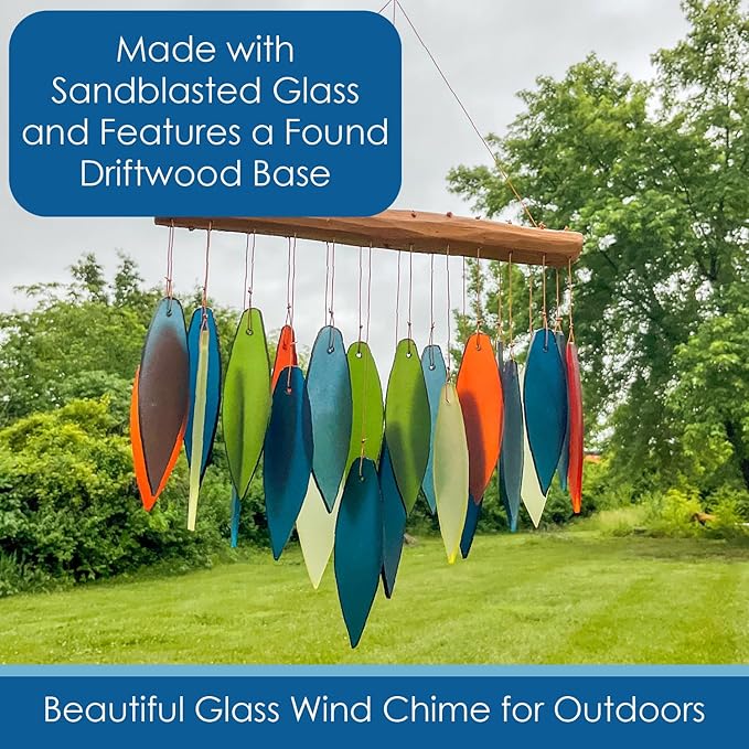 Blue Handworks Atlantic Coast Glass Chime, Sandblasted Glass and Found Wood Handcrafted Wind Chime