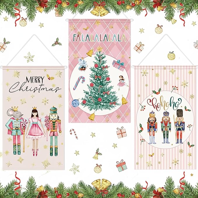 Tegeme 3 Pcs Nutcracker Christmas Door Banner Nutcracker Hanging Flag Decoration Merry Christmas Door Sign Flag 12 x 20 Inch Xmas Home Hanging Banners for Holiday Seasonal Party