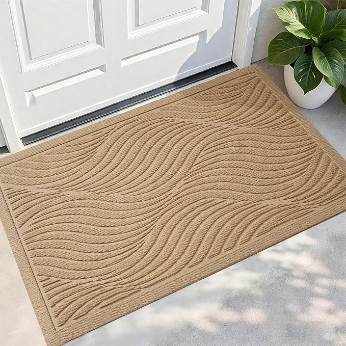 PLEASOR Front Door Mat Outside Entrance, Absorbent and Dirt Resistant Welcome Mat Indoor Outdoor, Non-Slip Backing Entry Mat, Fade Resistant, Easy Clean Low Profile Doormat for Entryway, 36x24, Beige