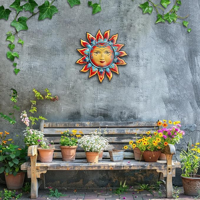 Daogtc Metal Sun Wall Decor - Sun Flower Wall Art Decoration,Hanging Decoration for Home Garden Farmhouse Yard Patio Fence Living Room Bedroom (SUN-I)