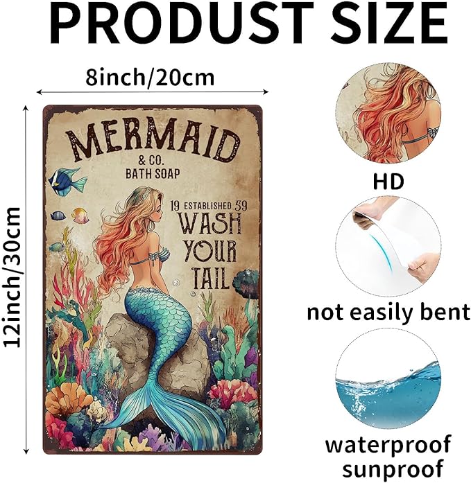 Vintage Tin Sign Mermaid And Co Bath Soap Wash Your Tail Metal Signs Funny Wall Decor for Bathroom Toilet Home Bar Cafe 12×8 Inch