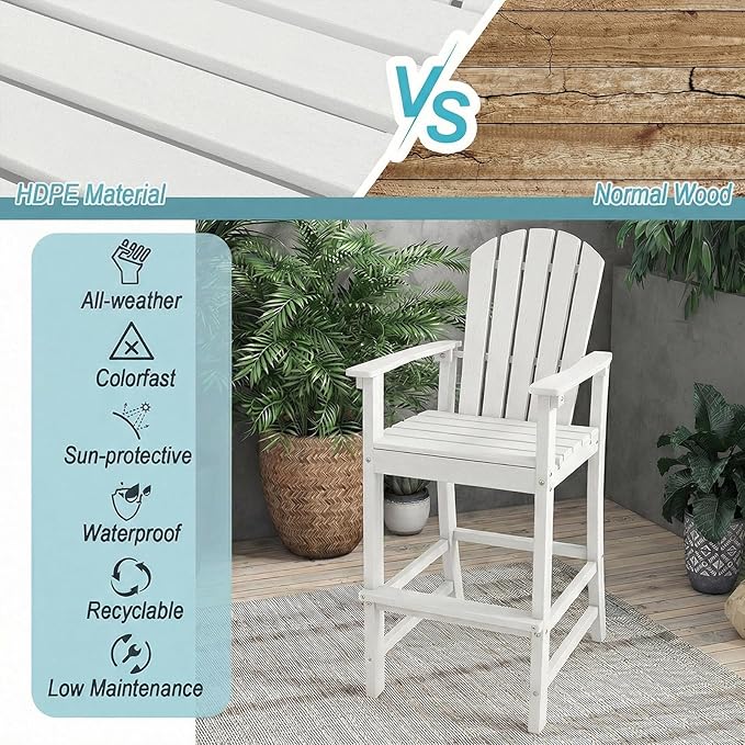 Giantex HDPE Outdoor Bar Stools - All Weather Tall Adirondack Chair with Armrest, Footrest, Load 360Lbs, 30-Inch Counter Height Bar Stool for Patio, Garden, Yard, Indoor Or Outdoor Use (1, White)