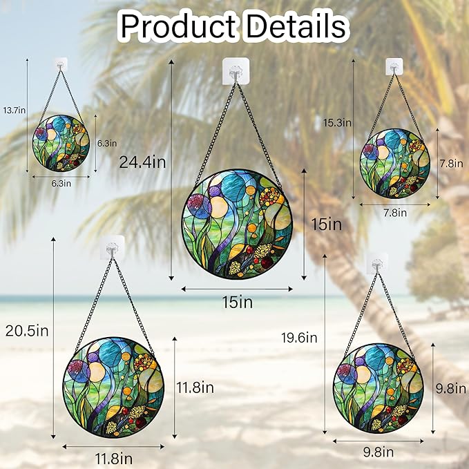 Stained Glass Window Hanging Blue Ocean Water Plants Flower Large 15" - Suncatcher Door Garden Sun Catcher Home Decor Birthday Christmas for Mom Men Woman Nana Friend