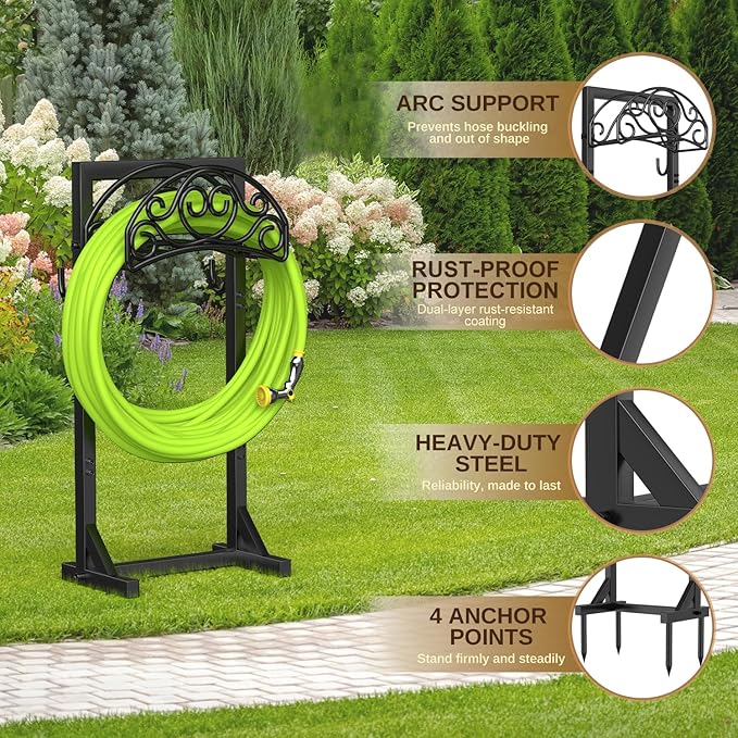 Freestanding Garden Hose Stand, Heavy Duty Water Hose Holder with Tool Hooks, 4 Anchoring Spikes, 150 ft Storage for Yard & Lawn