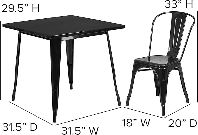 EMMA + OLIVER Commercial 31.5" Square Black Metal Indoor-Outdoor Table Set-4 Stack Chairs