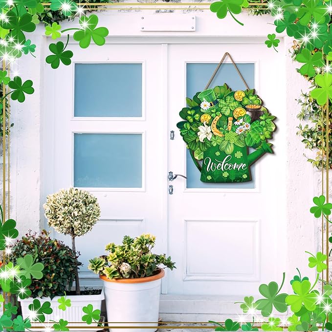 Juexica St. Patrick's Day Welcome Door Sign Lucky Hanging Decor St. Patrick's Day Wooden Sign Irish Decorations Lucky Shamrock Door Hanger for Outdoor Porch Home Living Room
