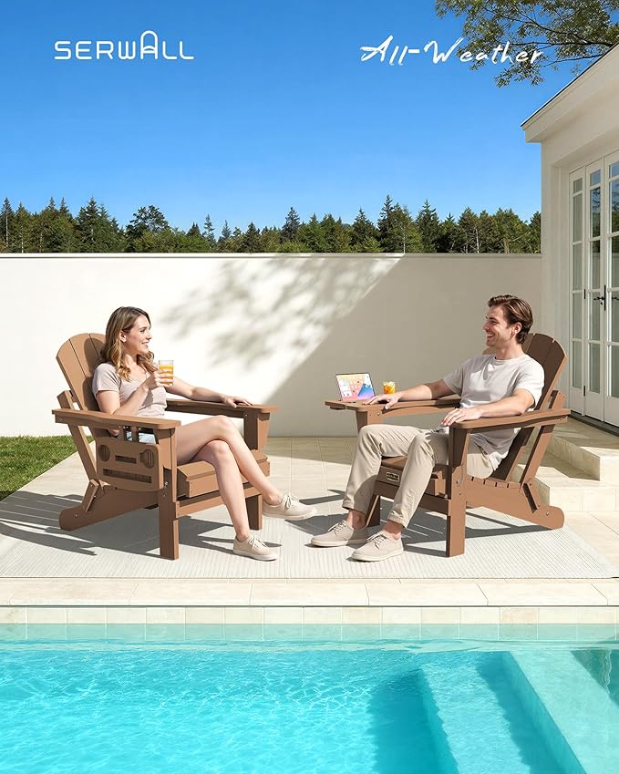 SERWALL Folding Adirondack Chair Set of 2, Outdoor Chairs with 4 in 1 Cup Holder, Wood Texture Adirondack Chairs, Weather Resistant Fire Pit Chairs for Patio Deck Garden, Backyard - Brown