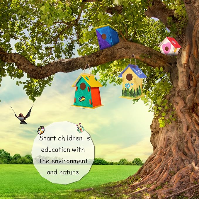 12 Pack Large DIY Bird Houses Kits for Kids, Kids Craft Kits Wood Houses for DIY Crafts Class Party, 12 Birdhouse Kits with 12 Paint Strips & Paintbrushes & Stickers for Children to Build & Paint (12)