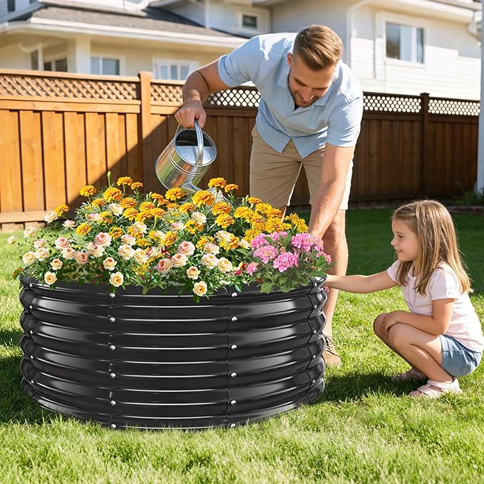 16 Inch Tall Heavy-Duty Round Steel Rised Garden Bed – Wave-Shaped Design Galvanized Metal Planter Box for Vegetables Flowers Succulent at Patio/Garden Outdoor (Black, 40" Diameter X 16" Tall)