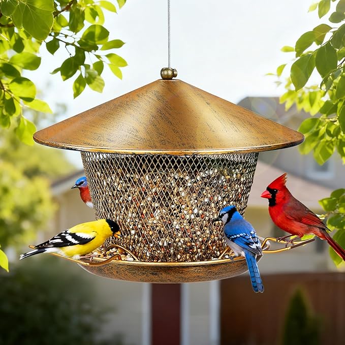 Bird Feeder for Outdoor Hanging, All Metal Weatherproof Wild Bird Feeder with 9.8" Roof, 3.5 LBs Seeds Capacity, Easy to Clean & Refill