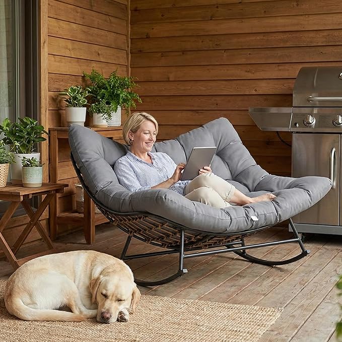 COSIEST Oversized Papasan Rocking Chair with Extra Thick Cushion - 58 in Rattan Wicker Egg Chair for Indoor/Outdoor Use, Swivel Lounge Chair for Patio, Living Room, Bedroom, Grey