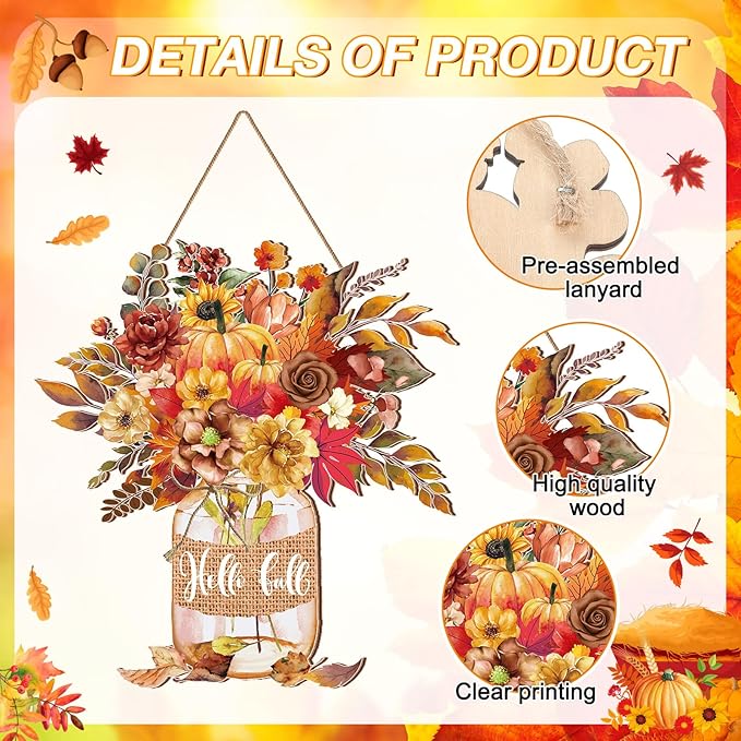 Boao Thanksgiving Welcome Door Sign Gnome Hanging Decor Fall Wooden Sign Autumn Door Decorations Pumpkin Maple Leaves Wood Hanger for Outdoor Farmhouse Front Porch