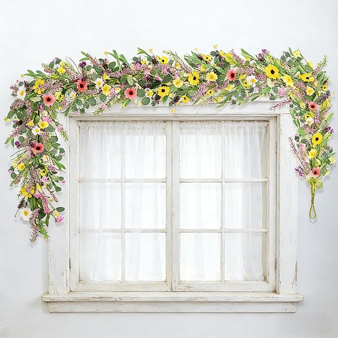 2Pcs 6.5 Ft Summer Flower Vine Garlands Artificial Wildflower Wisteria Lavender Daisy Spring Garland Not Withering Floral Wreath Garland All Year Round Home Decor for Indoor Outdoor Home Wedding Arch