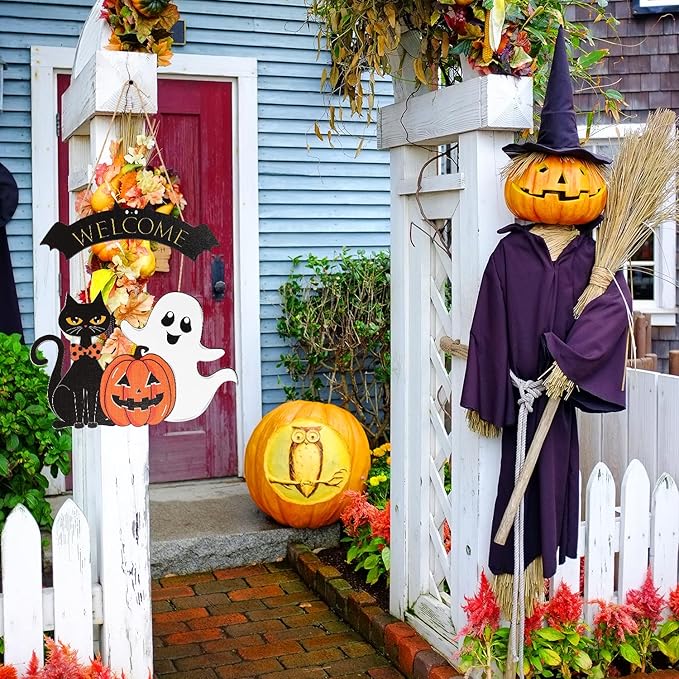 Halloween Decoration Wooden Ghost Door Halloween Wreath for Front Door Sign Wall Signs Decor, Pumpkin Black Cat Wreaths Sign Hanging for Home Wall Decor Outdoor Indoor Farmhouse Party Supply