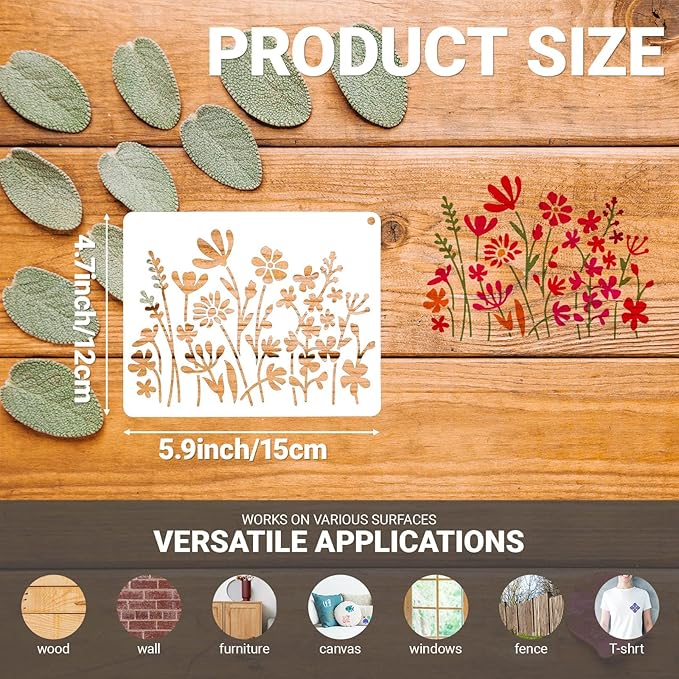 16 Pieces Wildflower Stencils for Painting on Wood, Reusable Flower Paint Templates with Nature Plant Pattern, 4.7 x 5.9 Inch DIY Craft Stencils for Wall Home Decor