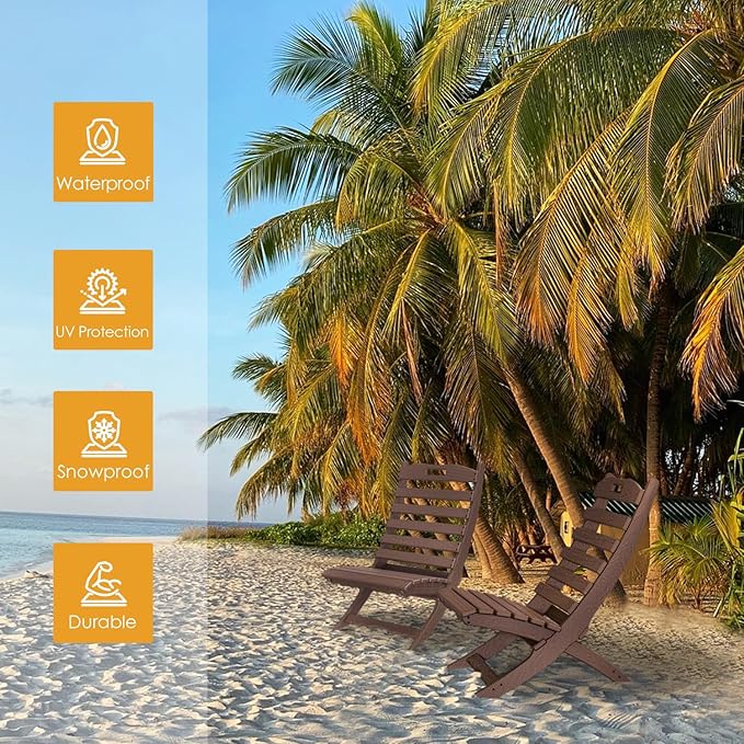 IVY&LANE Portable Xavier-Chairs Set of 2 | Folding-Adirondack-Chair | Wave | HDPE Plastic | Wood Grain | Dark Brown | All-Weather Resistant | for Outdoor Fire-Pit Patio Lawn Beach Poolside