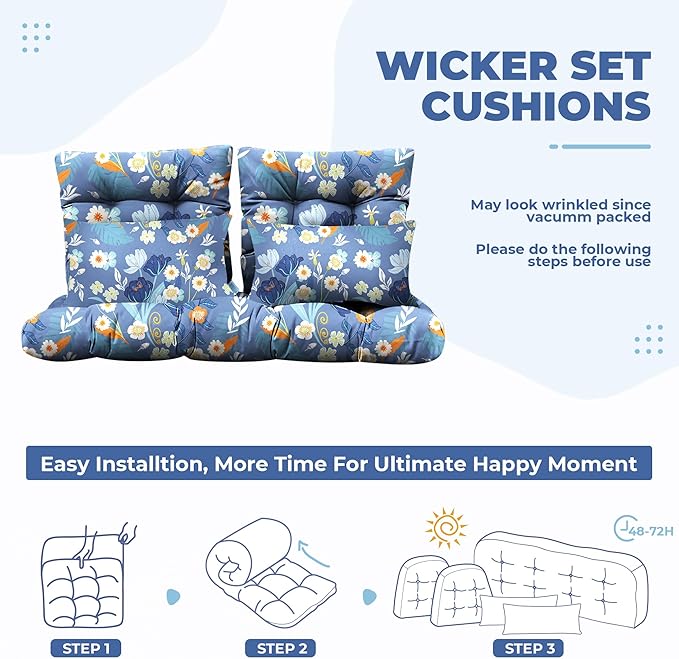 Wicker Chair Cushions of 5 Pieces, Waterproof Outdoor Loveseat Cushion for Wicker Furniture, 1 Love Seat Cushion, 2 U-Shape and 2 Lumbar Pillows for Patio Furniture (Blue Flower)