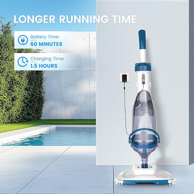 ENHULK Pool Vacuum for Above Ground Pool, Upgraded 13.4" Wide Head & Telescopic Pole, 18.5 GPM Suction, 60 Min Runtime, Cordless Handheld Rechargeable Pool Cleaner for Inground Pools (Blue)