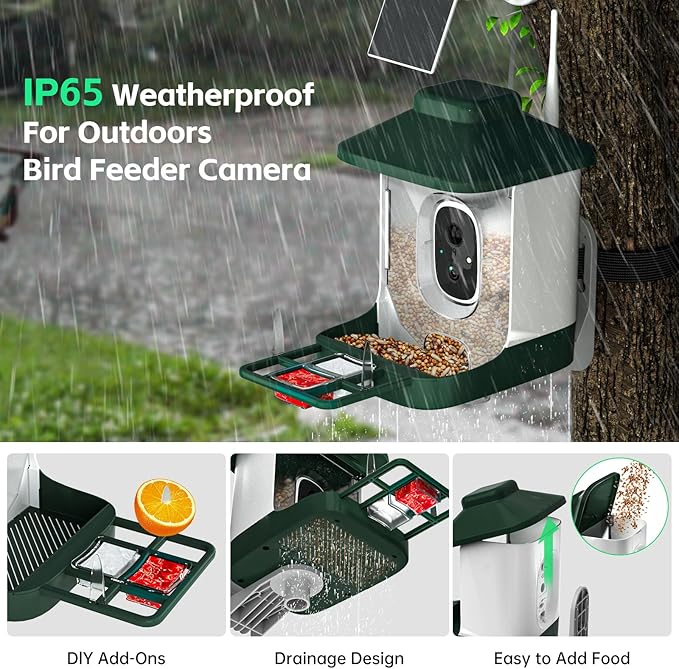 Smart Bird Feeder with Camera, AI Identify Bi rd Species Solar Powered,Full HD Live Video Bird Feeder Camera, 2.4Ghz WiFi, Instant Arrival Alerts - Best Gifts for Bi rd Lover