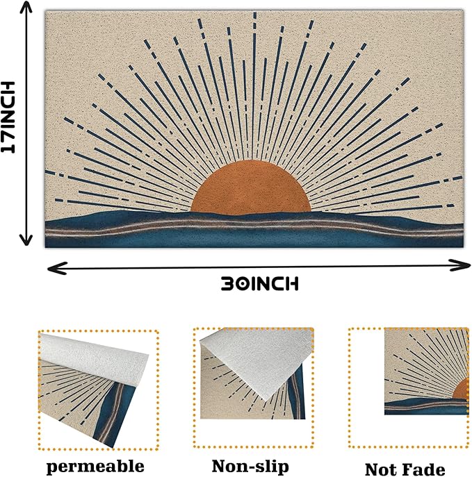 Nogrit Abstract Boho Sun Sunrise Sunshine Ocean Wave Mid Century Modern Waterproof Door Mat Outdoor Entrance 17x30 Inch Non-Slip Doormat for Bohemian Home Front Door Porch Outdoor Indoor Decorations