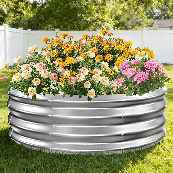 12 Inch Tall Heavy-Duty Round Steel Rised Garden Bed – Wave-Shaped Design Galvanized Metal Planter Box for Vegetables Flowers Succulent at Patio/Garden Outdoor (Silver, 36" Diameter)
