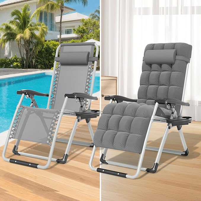 Magshion Zero Gravity Chair with Cushion, Reclining Outdoor Patio Lounge Chair, Folding Indoor Anti Gravity Recliner, Portable Lounger with Removable Cup Holder Side Tray and Pillow Headrest (Grey)