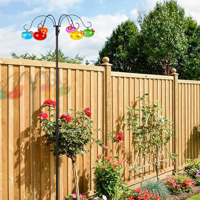 Liitrton Glass Hummingbird Feeders with Shepherds Hook for Outdoors Hanging 6 Hand-Blow Glass Hummingbird Feeder Balls, Adjustable Hight Bird Feeder Pole for Outside Garden Decor