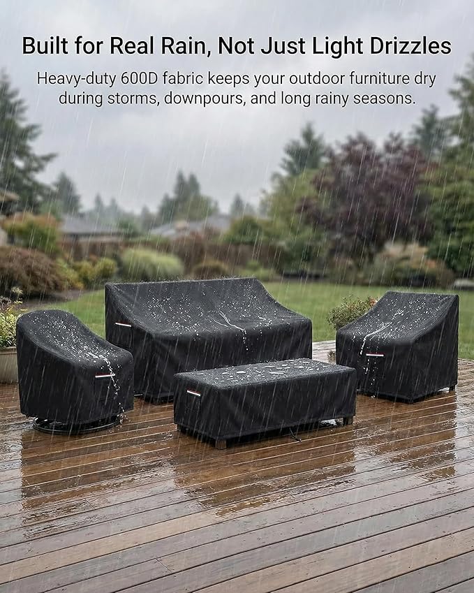 4-Piece Patio Furniture Cover Set, Waterproof Outdoor Furniture Covers for 3-Seater Sofa, Patio Chairs & Coffee Table, Heavy-Duty 600D, Fade&UV-Resistant, Breathable, All-Season Protection, Black