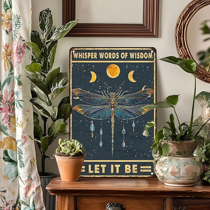 PEACHGARDEN Vintage Dragonfly Metal Sign Whisper Words of Wisdom Poster Dragonfly Wall Decor for Yard Garden Patio Farmhouse Bar Man Cave Wall Decor 8x12inch