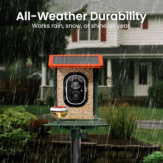 Smart Bird Feeder with Camera Solar Powered 2K HD Video, 10,000+ Species AI Recognition, Real-Time App Alerts, and Weatherproof Design for Effortless Birdwatching, Gift for Bird Lovers, Orange