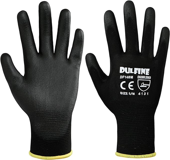 Ultra-Thin PU Coated Work Gloves-12 Pairs,Excellent Grip,Nylon Shell Black Polyurethane Coated Safety Work Gloves, Knit Wrist Cuff,Ideal for Light Duty Work. (Large)