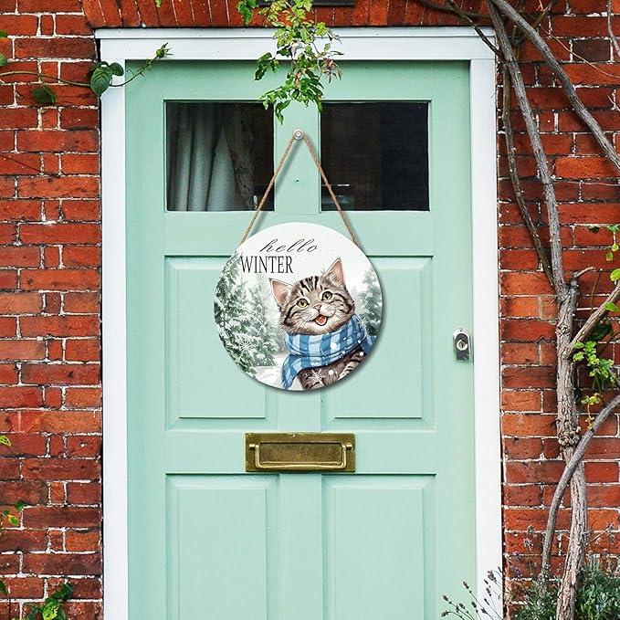 Hello Winter Cute Cat Door Sign For Front Door Decor,Green Pine Tree White Snowflakes Wooden Sign 12"x 12" Round Wood Hanging Door Sign Christmas Decoration for Wall Rustic Porch Decor