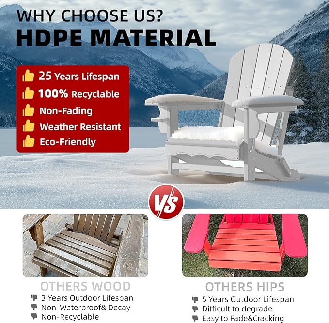 Adirondack Chairs, Folding Adirondack Outdoor Chair with Cup Holder, Wood Texture Fire Pit Chairs for Lawn, Patio Garden and Deck, White