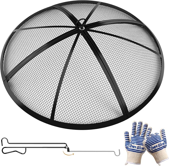 Fire Pit Spark Screen, Outdoor 22 Inch Round Fire Pit Screen with Foldable Hook and Fire Safety Gloves, Heavy Duty Steel Mesh Fire Pit Cover, Fire Pit Lid for Backyard, Beach, RV Camping
