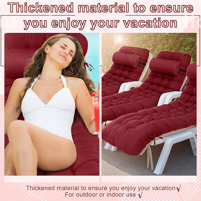 Tudomro 66'' Outdoor Chaise Lounge Cushion Waterproof Patio Lawn Pool Chaise Lounge Cushion with Headrest Pillow & Ties Weather Fade Resistant Replacement Longue Chair Pad