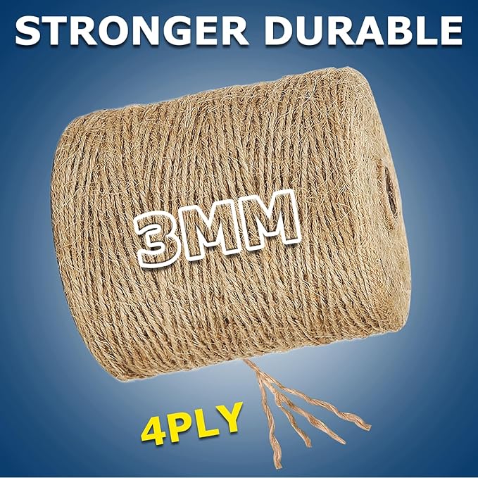 Vanhench Jute Twine 3mm x 328ft (100m), Jute Rope for Crafts Gardening Garden Plant Gift Wrapping Arts & Crafts Art Decoration Packing Material Christmas Twine Bulk Heavy-Duty (Brown)