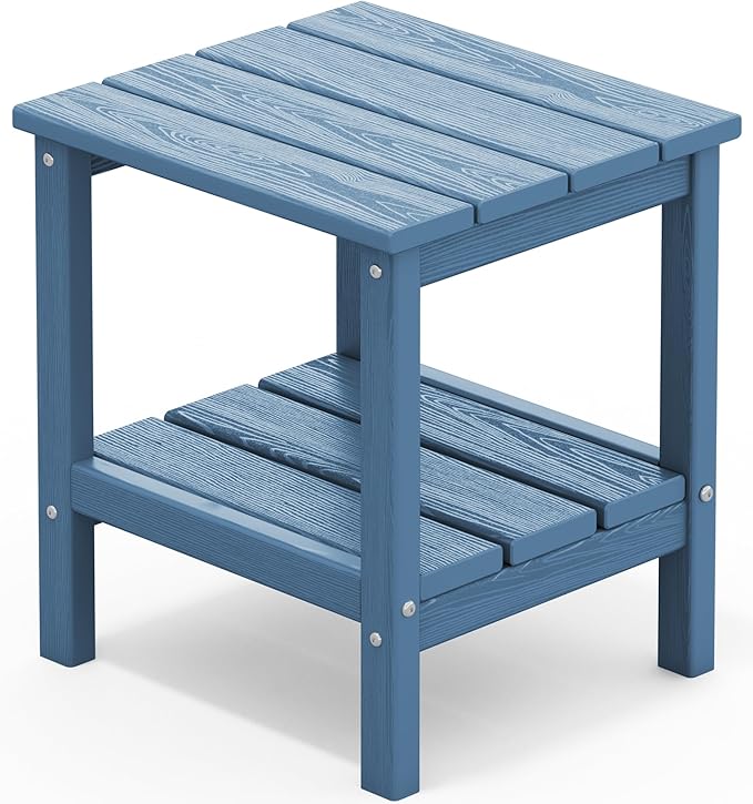 SERWALL 2-Tier HDPE Outdoor Side Table, Weatherproof Rectangular Adirondack Side Table, Blue