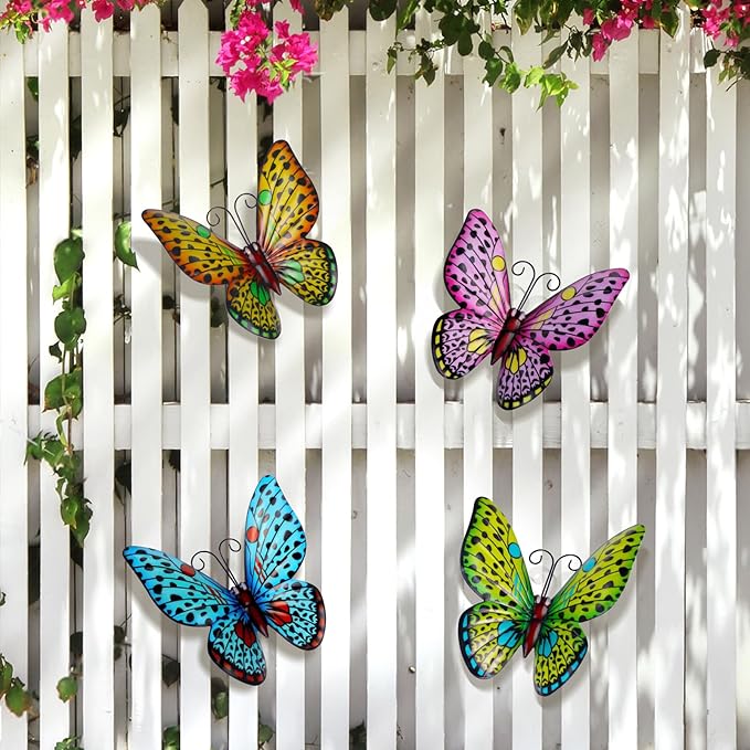 HKKDKTA Metal Butterfly Wall Decor, 4 Pack Outdoor Metal Wall Art Butterfly Decorations for Backyard Patio Fence Garden Balcony