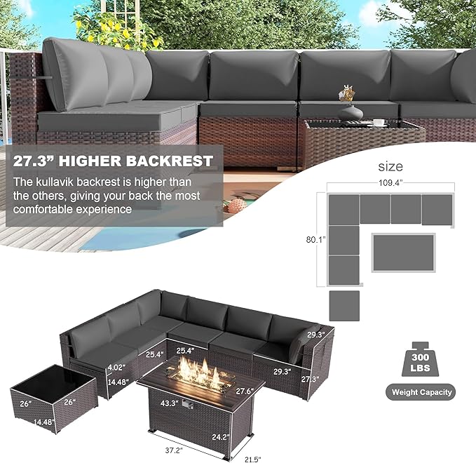 Kullavik 11PCS Outdoor Patio Furniture Set,PE Wicker Rattan Sectional Sofa Patio Conversation Sets with 43" 55000BTU Gas Propane Fire Pit Table,Swivel Rocking Chairs Set,Grey