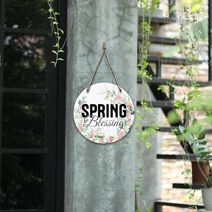 Spring Hanging Decor For Front Door, Spring Blessing Round Sign Decor For Farmhouse Home Yard Porch, Hello Spring Decorations, Christian Spring Wall Plaque Gifts For Friends Family -06