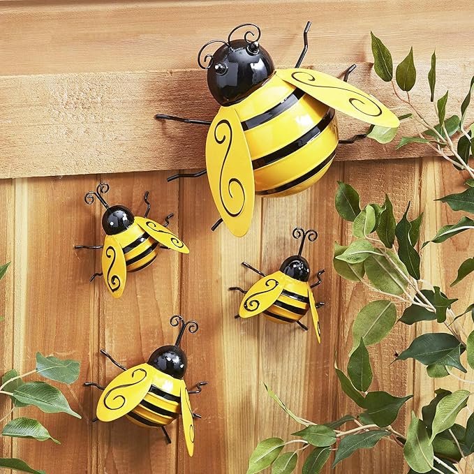 MACLARONX 4 PCS Metal Bumble Bee Garden Decor Outdoor Honey Bee Fence Yard Art Outside Patio Home Wall Decoration